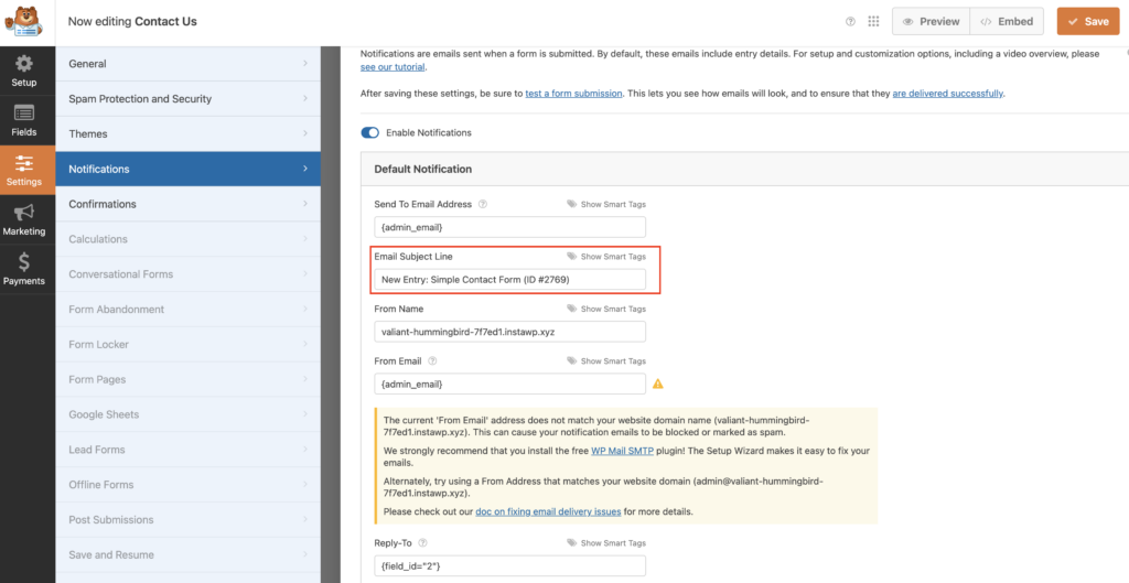 Setting up Email Subject Line in Contact Forms